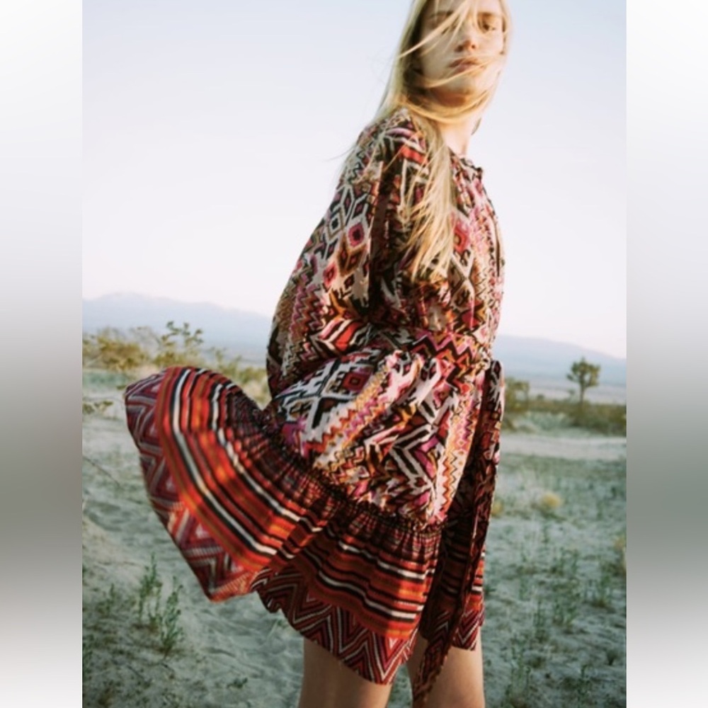 Zara Boho Multicolor Geometric Pattern Long Sleeve Dress